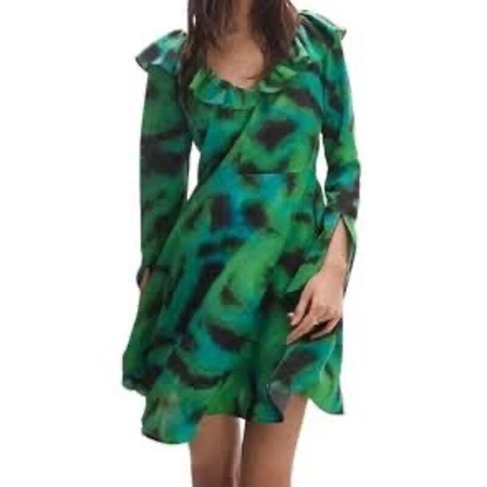 New TOPSHOP Animal Ruffle Neck Tea Short Dress in Green Split Cuffs Women's 4